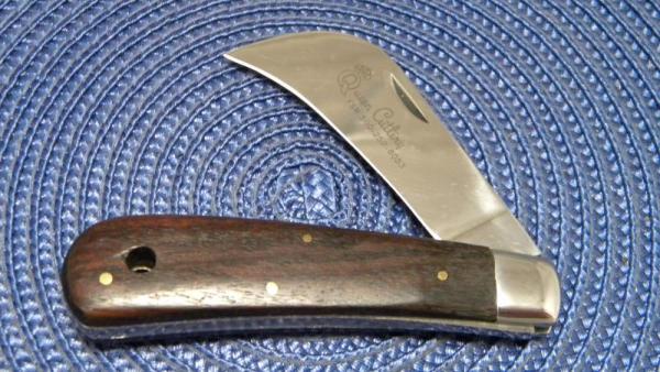 Queen Cutlery #1 Wood Linerlock Hawkbill Knife Etched Blade No Tang Stamp