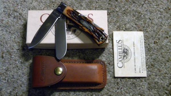 Camillus NY USA Imitation Stag # 716 Dual Lockback Knife & Leather Pouch - NIB