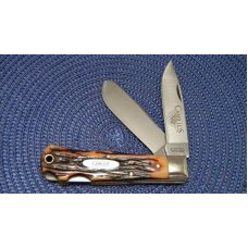Camillus NY USA Imitation Stag # 716 Dual Lockback Knife & Leather Pouch - NIB