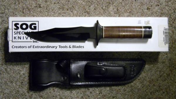 Sog Seki Japan Vietnam 5th Special Forces Group Stacked Leather Fixed Blade Sheath Knife - NIB Sog Seki Japan Vietnam 5th Special Forces Group Stacked Leather Fixed Blade Sheath Knife - NIB