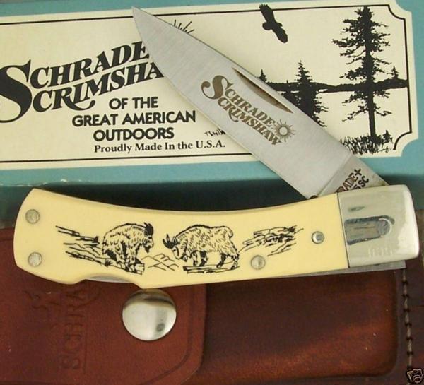 SCHRADE 515SC SCRIMSHAW USA 1992 MOUNTAIN GOATS KNIFE/case SCHRADE 515SC SCRIMSHAW USA 1992 MOUNTAIN GOATS KNIFE/case