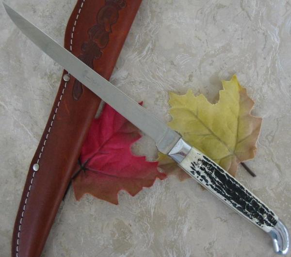Queen #F7 Carved Bone Filet Knife Fixed Blade /case