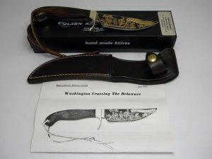 Olsen USA Shaw Leibowitz Gold Etch Washington Crossing the Delaware Commemorative Sheath Knife