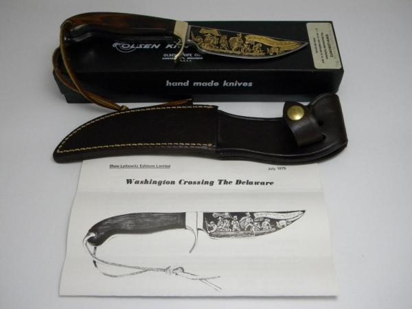 Olsen USA Shaw Leibowitz Gold Etch Washington Crossing the Delaware Commemorative Sheath Knife