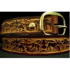 Handmade Leather Belt With Tooled Wildlife Scene Made In USA To Fit