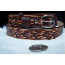 Handmade Leather Western Style Belt Flame Tooling- Made in the USA