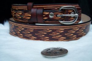 Handmade Leather Western Style Belt Flame Tooling- Made in the USA