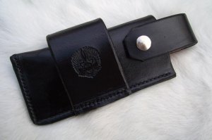 Handmade Leather Pocket Knife Case Sidewinder Large - Motorcycle Egale Stamp