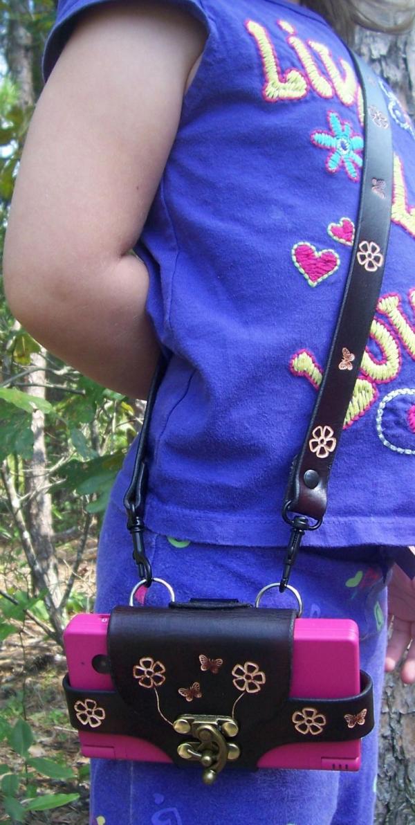 Custom Leather Nintendo DSI Case - Belt Clip and Arm Strap - Flower / Butterfly Tooling