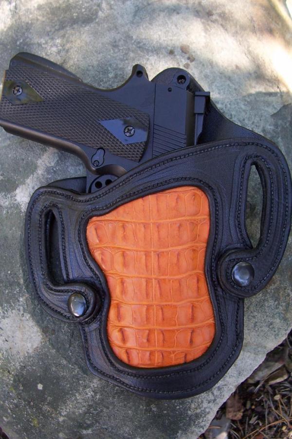 Custom Leather Gun Holster - Detachable Belt Slots - Alligator Inlay - See Gun List Below Custom Leather Gun Holster - Detachable Belt Slots - Alligator Inlay - See Gun List Below