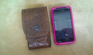 Custom Leather Cell Phone Case- Brown Oil Stain - Hand Carved - Fits iphone & Droid
