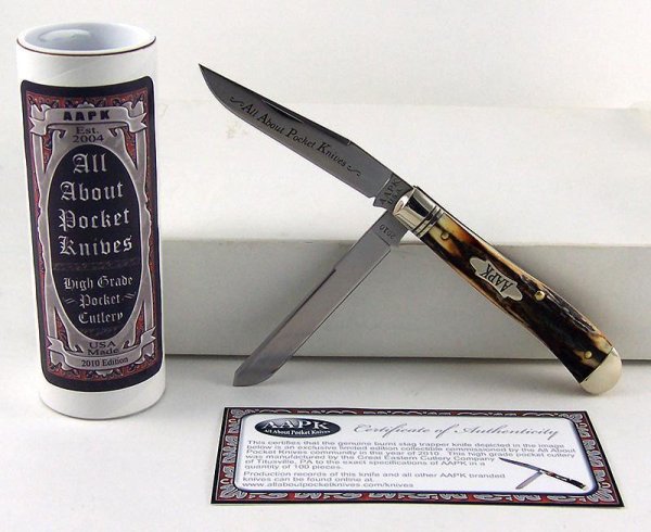2010 AAPK Club Knife - Genuine Burnt Stag 3 7/8" Trapper - 1095 Steel Blades