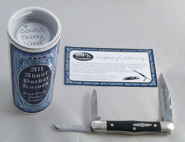 2013 AAPK Club Knife - 3 3/8" Swell Center Whittler - Ebony Wood - 1095 Steel Blades