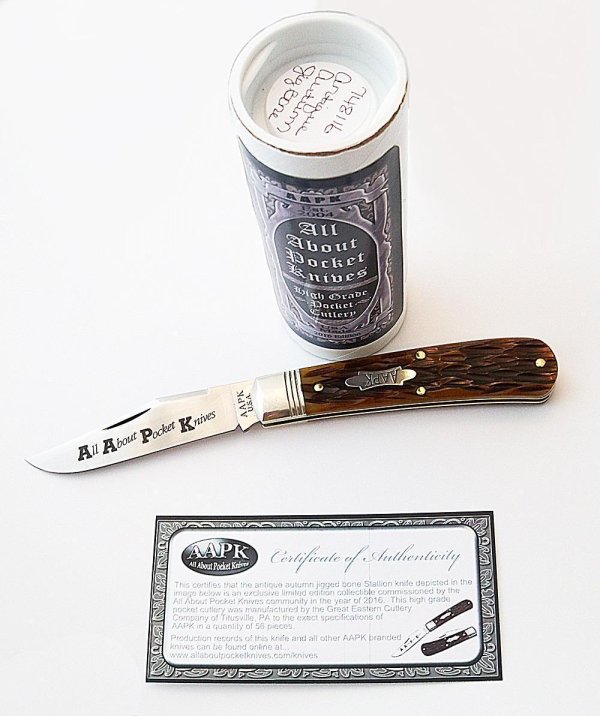 2016 AAPK Club Knife - 3 7/8" Antique Autumn Jigged Bone Stallion Jack - 1095 Steel Blade 