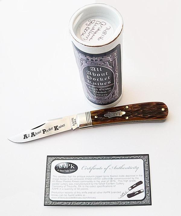 2016 AAPK Club Knife - 3 7/8" Antique Autumn Jigged Bone Stallion Jack - 1095 Steel Blade 