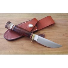 MARBLE'S PLAINSMAN KNIFE, Stacked Leather Handle/Stag Pommel, Made in USA