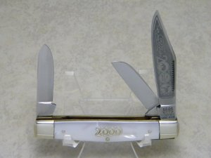 Bulldog Brand Germany Imitation Pearl "Anno Domini 2000 Bulldog Brand" Etch Stockman Knife