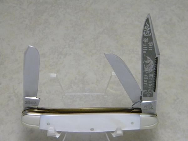 Bulldog Brand Germany Genuine Mother of Pearl "Pit Bulls Trade Mark" Etch Stockman Knife c.2004