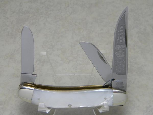 Bulldog Brand Germany Genuine Mother of Pearl "Double Dog Head" Etch Sowbelly Stockman Knife