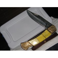 LARGE SINGLE BLADE FOLDER BONE HANDLES GOLD ETCHED BOLSTERS 8 1/2IN. CLOSED