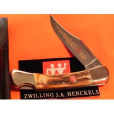J A Henckels Lg 5quot Folding Hunter HK19-S with Great Stag Handles amp Gold Scroll Blade Etch Sheath