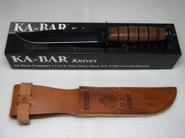 Ka-Bar Olean, NY Stacked Leather #1220 US ARMY Fixed Blade Fighting Knife & Sheath in Box c.2001