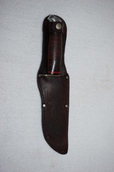 SCHRADE WALDEN NY USA 148  Fixed Blade Knife w/Stacked Leather Handle & Leather Sheath