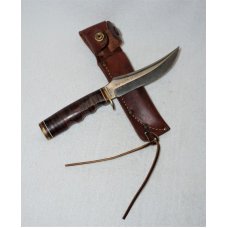 CRAFTSMAN USA BIG HORN SKINNER 5" FIXED BLADE KNIFE W/STACKED LEATHER HANDLE AND ORIG LEATHER SHEATH