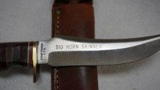 CRAFTSMAN USA BIG HORN SKINNER 5" FIXED BLADE KNIFE W/STACKED LEATHER HANDLE AND ORIG LEATHER SHEATH