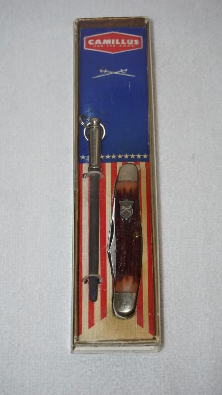 Vintage CAMILLUS 3 Blade Pocket Knife w/SWORD BRAND Pocket Steel in Original Box! Vintage CAMILLUS 3 Blade Pocket Knife w/SWORD BRAND Pocket Steel in Original Box!