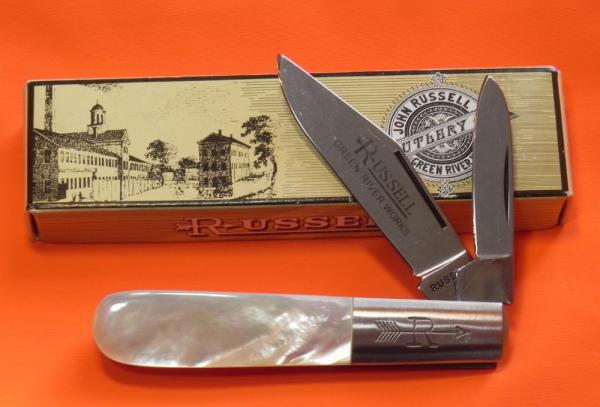 Russell (Green River Works) Barlow Pocket Knife w/ Great Mother of Pearl Handles & Blade Etch - NOS Russell (Green River Works) Barlow Pocket Knife w/ Great Mother of Pearl Handles & Blade Etch - NOS