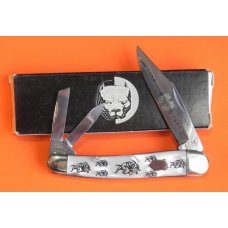 Bulldog Brand Whittler Knife w Imitation Pearl Handles +Bulldogs etched? 4" Closed & Double Dog Head