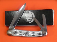 Bulldog Brand Whittler Knife w Imitation Pearl Handles +Bulldogs etched? 4" Closed & Double Dog Head