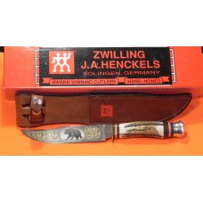 J A Henckels Fixed Blade Hunter Knife w/ Stag Handles & Gold Blade Etch of A Black Bear