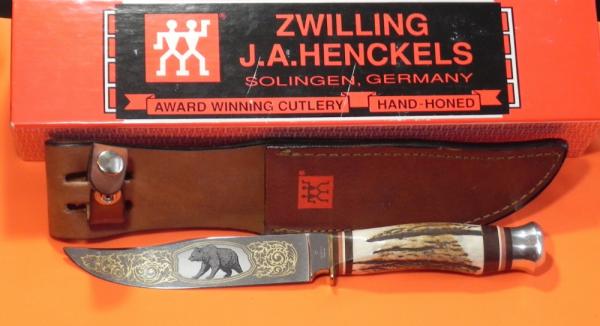 J A Henckels Fixed Blade Hunter Knife w/ Stag Handles & Gold Blade Etch of A Black Bear J A Henckels Fixed Blade Hunter Knife w/ Stag Handles & Gold Blade Etch of A Black Bear