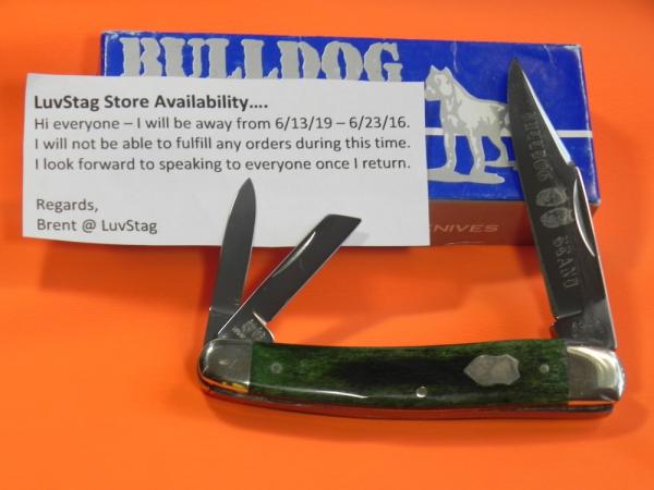 Bulldog Brand Whittler w Green Bone Handles + Double Bulldog Head Blade Etch 4" Closed & NOS Bulldog Brand Whittler w Green Bone Handles + Double Bulldog Head Blade Etch 4" Closed & NOS