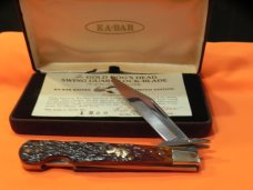 1980s Ka-Bar Cheetah Swing Guard Knife w/ Chestnut Bone Handles - 14k Gold Dog Head +Orig case +COA