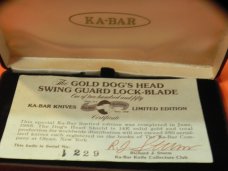1980s Ka-Bar Cheetah Swing Guard Knife w/ Chestnut Bone Handles - 14k Gold Dog Head +Orig case +COA