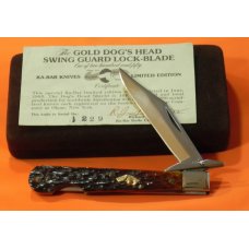 1980s Ka-Bar Cheetah Swing Guard Knife w Chestnut Bone Handles - 14k Gold Dog Head Orig case COA