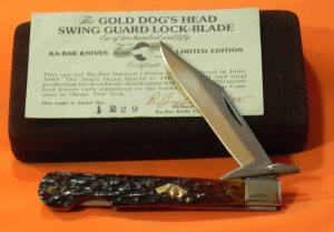 1980s Ka-Bar Cheetah Swing Guard Knife w/ Chestnut Bone Handles - 14k Gold Dog Head +Orig case +COA