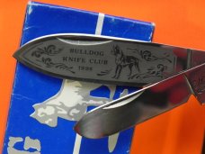 Bulldog Knife Club 4 Blade Canoe w/ Fiery Multi-Color Gold Lip Pearl Handles & Frost Blade Etch -NOS