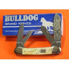 Bulldog Knife Club 4 Blade Canoe w Fiery Multi-Color Gold Lip Pearl Handles amp Frost Blade Etch -NOS