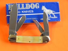 Bulldog Knife Club 4 Blade Canoe w/ Fiery Multi-Color Gold Lip Pearl Handles & Frost Blade Etch -NOS