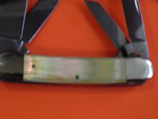 Bulldog Knife Club 4 Blade Canoe w/ Fiery Multi-Color Gold Lip Pearl Handles & Frost Blade Etch -NOS