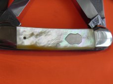 Bulldog Knife Club 4 Blade Canoe w/ Fiery Multi-Color Gold Lip Pearl Handles & Frost Blade Etch -NOS