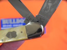 Bulldog Knife Club 4 Blade Canoe w/ Fiery Multi-Color Gold Lip Pearl Handles & Frost Blade Etch -NOS