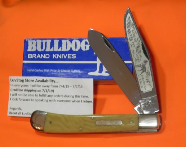Bulldog 5 &1/2" Display Trapper Knife w Waterfall Handles & King of the Pit Lucky Blade Etch 1 of 60 Bulldog 5 &1/2" Display Trapper Knife w Waterfall Handles & King of the Pit Lucky Blade Etch 1 of 60
