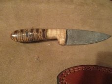 8" DAMASCUS FIXED BLADE KNIFE WITH CUSTOM HANDLE OF MAMMOOTH TOOTH- BY ME