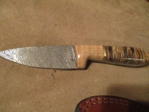 8" DAMASCUS FIXED BLADE KNIFE WITH CUSTOM HANDLE OF MAMMOOTH TOOTH- BY ME