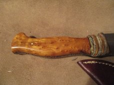 9 1/4" DAMASCUS FIXED BLADE KNIFE WITH CUSTOM HANDLE OF CHITTUM BURL AND MAMMOOTH TOOTH- BY ME